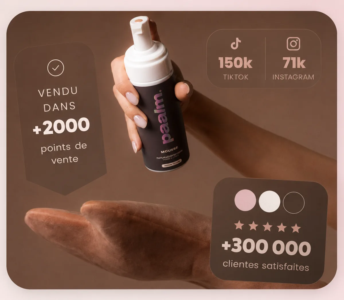 Mousse autobronzante Paalm tenue en main, avec les repères de la marque : vendu dans +2000 points de vente, 150k sur TikTok, 71k sur Instagram et +300 000 clientes satisfaites